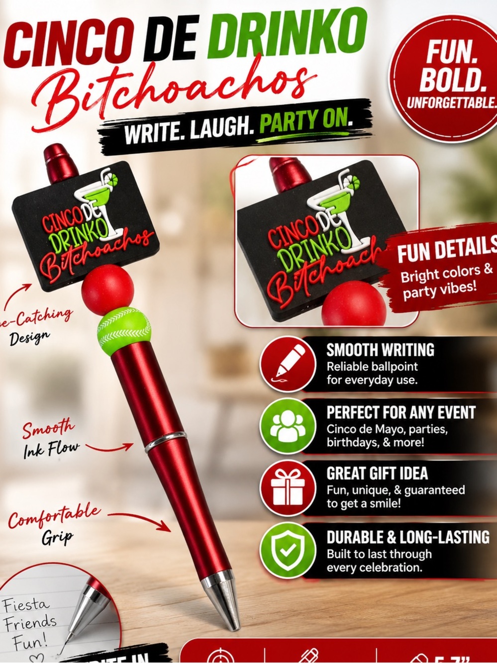 Hand Crafted Red Party Pen with Green Topper - Cinco De Drinko Theme